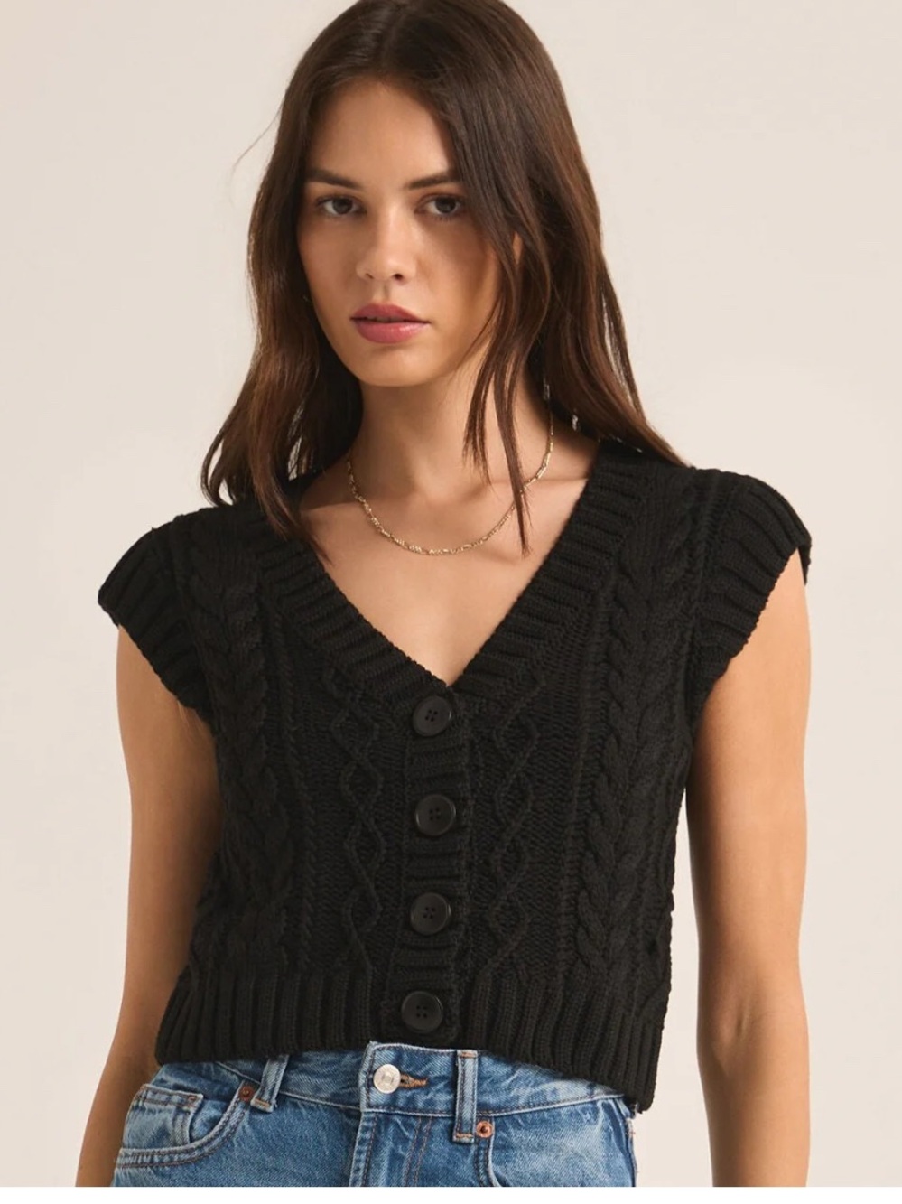 Z Supply Black Cable-Knit V-Neck Button Sweater Vest